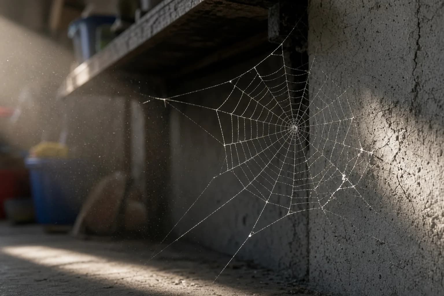 Web in a garage corner with morning light