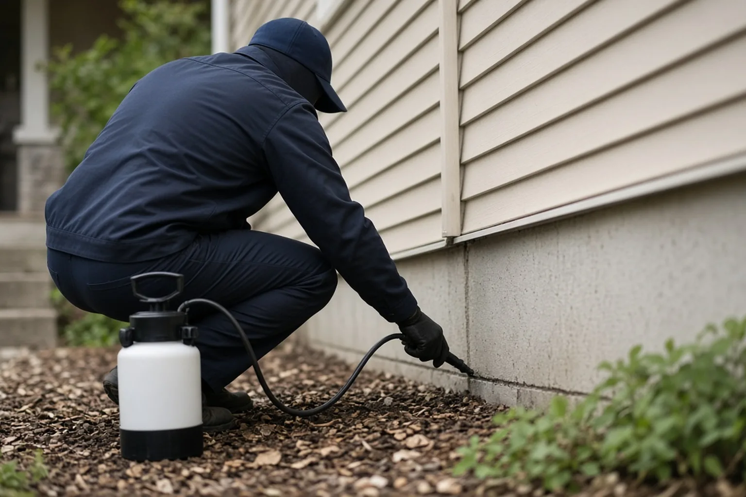 Technician applying treatment along an exterior foundation line, face not visible